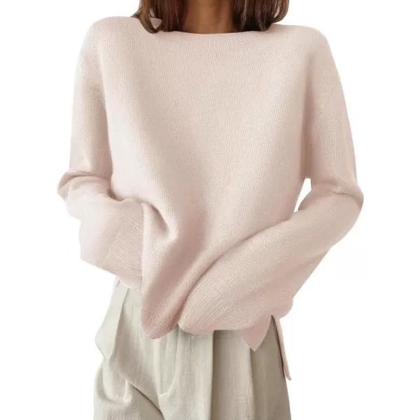 imageZESICA Womens 2024 Fall Long Sleeve Crew Neck Soft Knit Side Slit Comfy Loose Pullover Sweater Jumper TopsSand