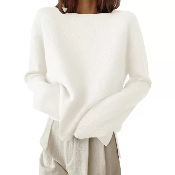 imageZESICA Womens 2024 Fall Long Sleeve Crew Neck Soft Knit Side Slit Comfy Loose Pullover Sweater Jumper TopsWhite