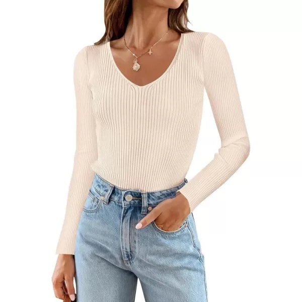 imageZESICA Womens 2024 Fall Long Sleeve V Neck T Shirts Ribbed Knit Sweater Slim Fit Solid Basic Casual Tee TopsApricot