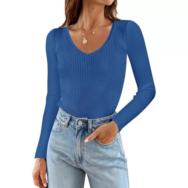 imageZESICA Womens 2024 Fall Long Sleeve V Neck T Shirts Ribbed Knit Sweater Slim Fit Solid Basic Casual Tee TopsCobalt