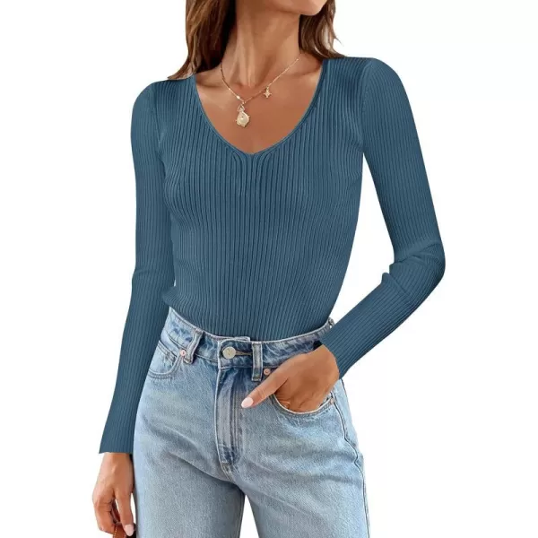 imageZESICA Womens 2024 Fall Long Sleeve V Neck T Shirts Ribbed Knit Sweater Slim Fit Solid Basic Casual Tee TopsDarkblue