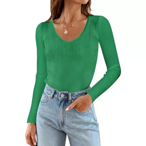 imageZESICA Womens 2024 Fall Long Sleeve V Neck T Shirts Ribbed Knit Sweater Slim Fit Solid Basic Casual Tee TopsGreen