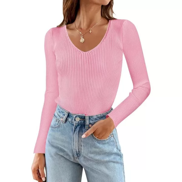imageZESICA Womens 2024 Fall Long Sleeve V Neck T Shirts Ribbed Knit Sweater Slim Fit Solid Basic Casual Tee TopsHotpink