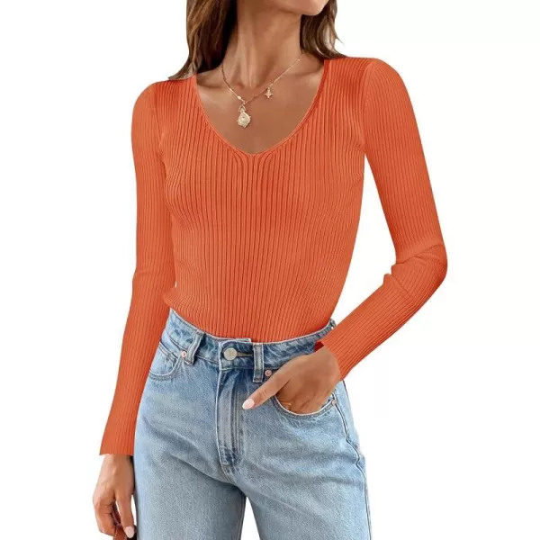 imageZESICA Womens 2024 Fall Long Sleeve V Neck T Shirts Ribbed Knit Sweater Slim Fit Solid Basic Casual Tee TopsOrange