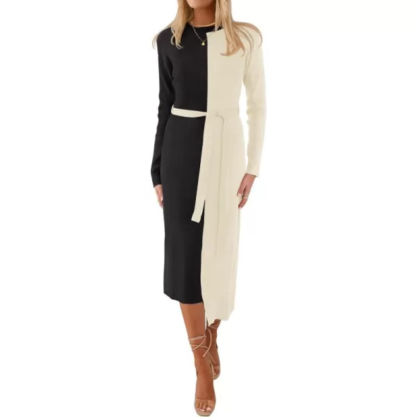 imageZESICA Womens 2024 Fall Ribbed Knit Sweater Dress Elegant Long Sleeve Crewneck Tie Waist Slim Fit Bodycon Midi DressesBlack