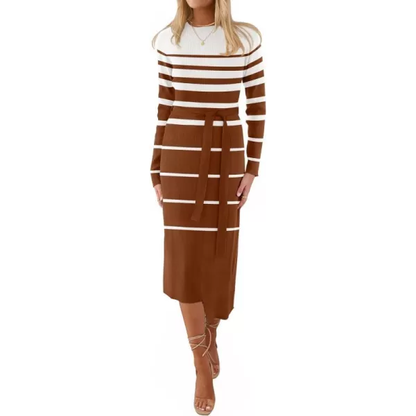 imageZESICA Womens 2024 Fall Ribbed Knit Sweater Dress Elegant Long Sleeve Crewneck Tie Waist Slim Fit Bodycon Midi DressesCaramel