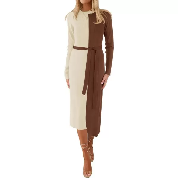 imageZESICA Womens 2024 Fall Ribbed Knit Sweater Dress Elegant Long Sleeve Crewneck Tie Waist Slim Fit Bodycon Midi DressesCoffee