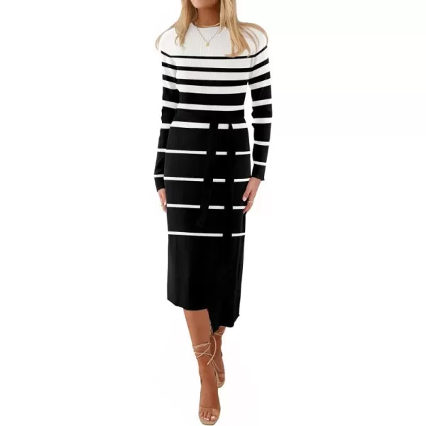 imageZESICA Womens 2024 Fall Ribbed Knit Sweater Dress Elegant Long Sleeve Crewneck Tie Waist Slim Fit Bodycon Midi DressesDim
