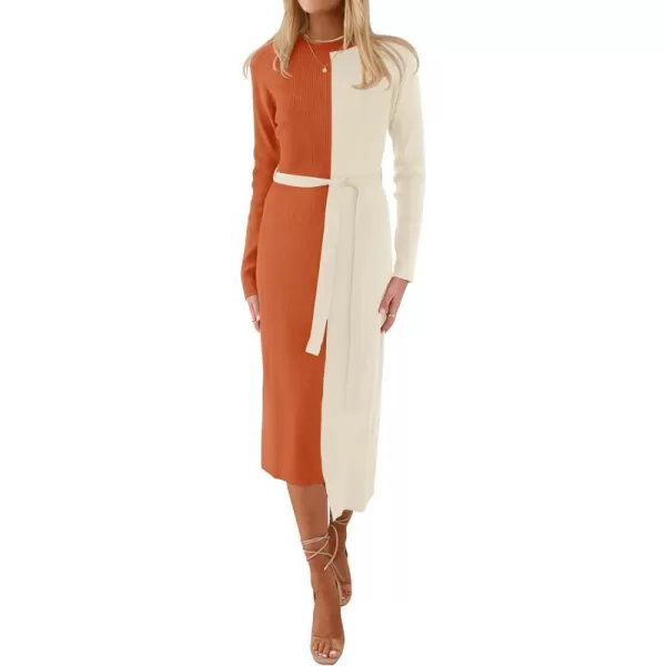 imageZESICA Womens 2024 Fall Ribbed Knit Sweater Dress Elegant Long Sleeve Crewneck Tie Waist Slim Fit Bodycon Midi DressesOrange