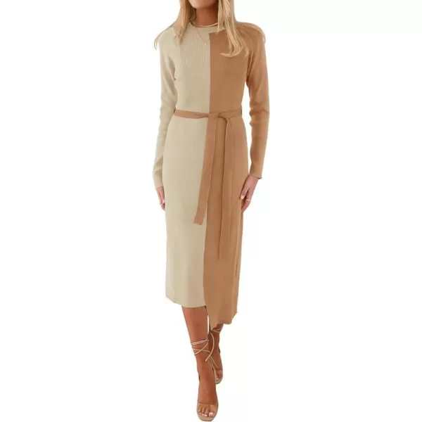 imageZESICA Womens 2024 Fall Ribbed Knit Sweater Dress Elegant Long Sleeve Crewneck Tie Waist Slim Fit Bodycon Midi DressesTaupe