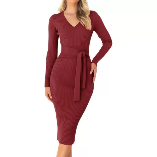 imageZESICA Womens 2024 Fall Sweater Dress V Neck Long Sleeve Ribbed Knit Tie Waist Slim Fit Bodycon Midi DressesRed