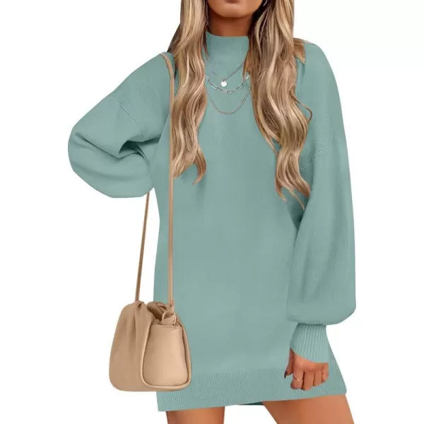 imageZESICA Womens 2024 Fall Turtleneck Sweaters Dress Oversized Long Lantern Sleeve Casual Knit Pullover Short DressesGreygreen