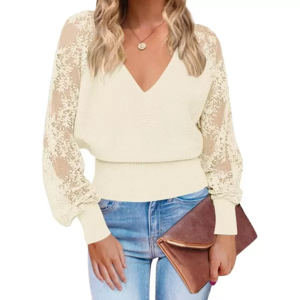 imageZESICA Womens 2024 Fall V Neck Lace Patchwork Solid Color Long Sleeve Casual Knit Pullover Sweater TopsBeige