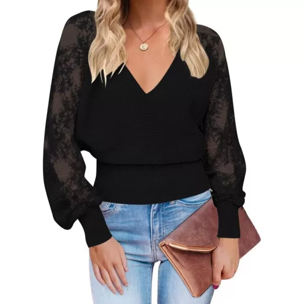 imageZESICA Womens 2024 Fall V Neck Lace Patchwork Solid Color Long Sleeve Casual Knit Pullover Sweater TopsBlack