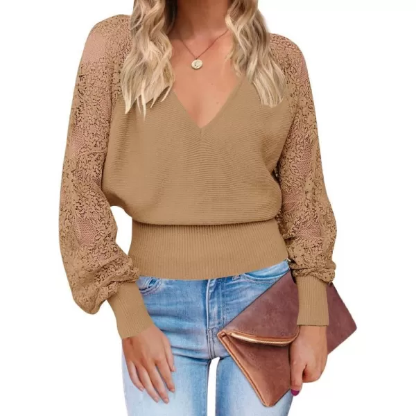 imageZESICA Womens 2024 Fall V Neck Lace Patchwork Solid Color Long Sleeve Casual Knit Pullover Sweater TopsCamel