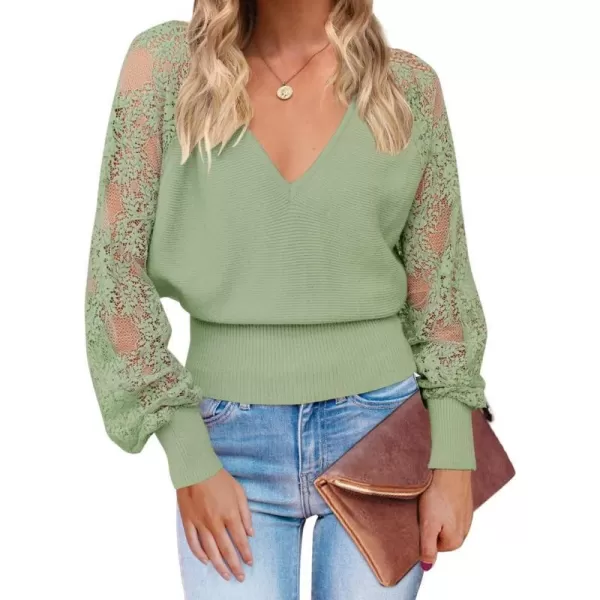 imageZESICA Womens 2024 Fall V Neck Lace Patchwork Solid Color Long Sleeve Casual Knit Pullover Sweater TopsGreen