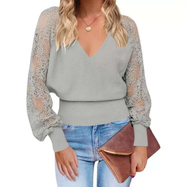 imageZESICA Womens 2024 Fall V Neck Lace Patchwork Solid Color Long Sleeve Casual Knit Pullover Sweater TopsGrey