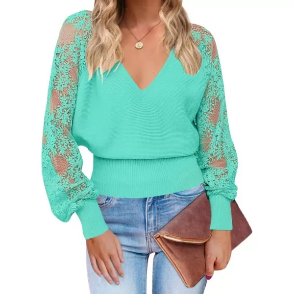 imageZESICA Womens 2024 Fall V Neck Lace Patchwork Solid Color Long Sleeve Casual Knit Pullover Sweater TopsLakegreen