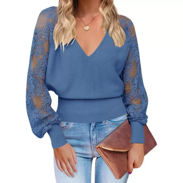 imageZESICA Womens 2024 Fall V Neck Lace Patchwork Solid Color Long Sleeve Casual Knit Pullover Sweater TopsMidnightblue