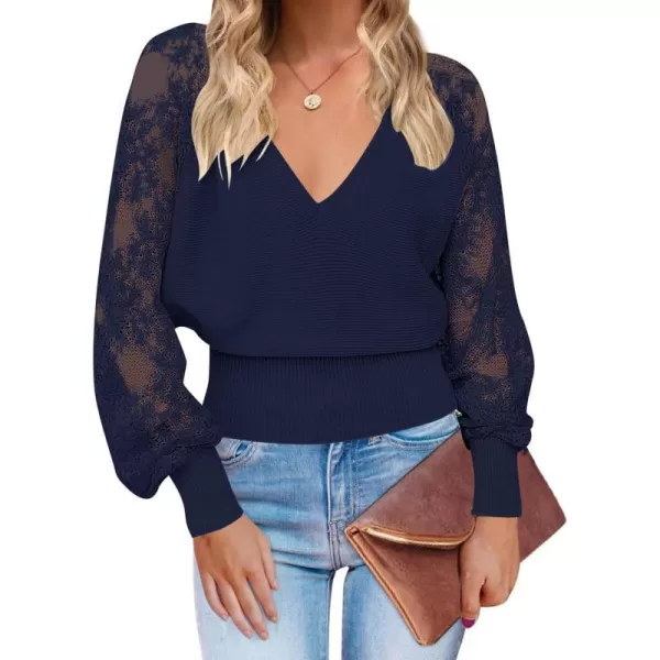 imageZESICA Womens 2024 Fall V Neck Lace Patchwork Solid Color Long Sleeve Casual Knit Pullover Sweater TopsNavy