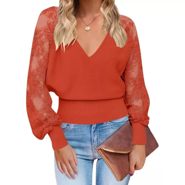 imageZESICA Womens 2024 Fall V Neck Lace Patchwork Solid Color Long Sleeve Casual Knit Pullover Sweater TopsOrange