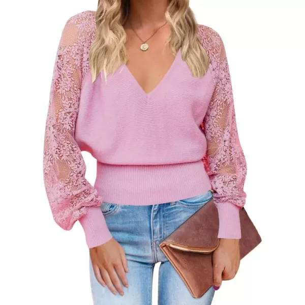 imageZESICA Womens 2024 Fall V Neck Lace Patchwork Solid Color Long Sleeve Casual Knit Pullover Sweater TopsPink