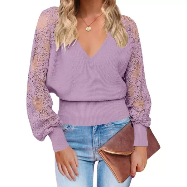 imageZESICA Womens 2024 Fall V Neck Lace Patchwork Solid Color Long Sleeve Casual Knit Pullover Sweater TopsPurple