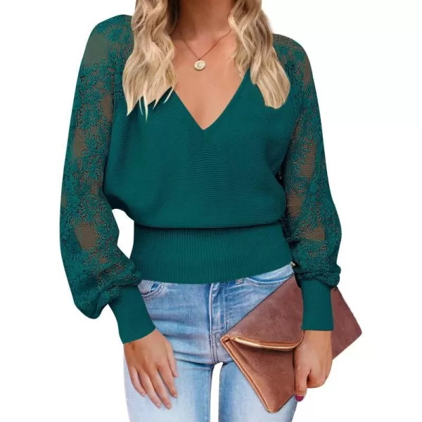 imageZESICA Womens 2024 Fall V Neck Lace Patchwork Solid Color Long Sleeve Casual Knit Pullover Sweater TopsTeal