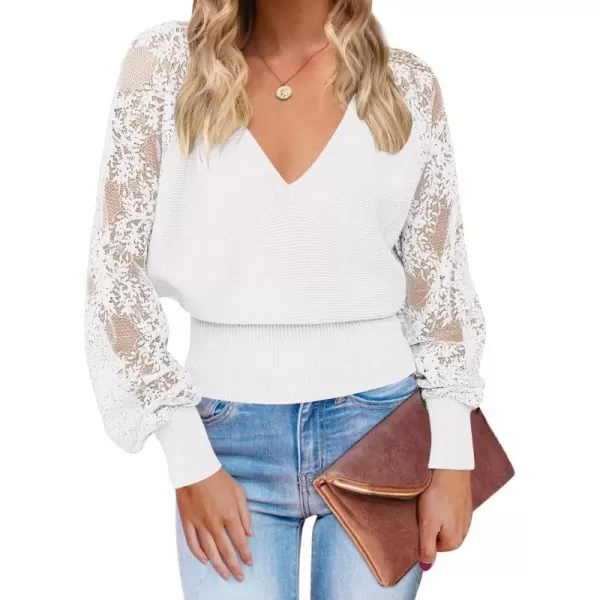 imageZESICA Womens 2024 Fall V Neck Lace Patchwork Solid Color Long Sleeve Casual Knit Pullover Sweater TopsWhite