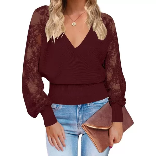 imageZESICA Womens 2024 Fall V Neck Lace Patchwork Solid Color Long Sleeve Casual Knit Pullover Sweater TopsWine