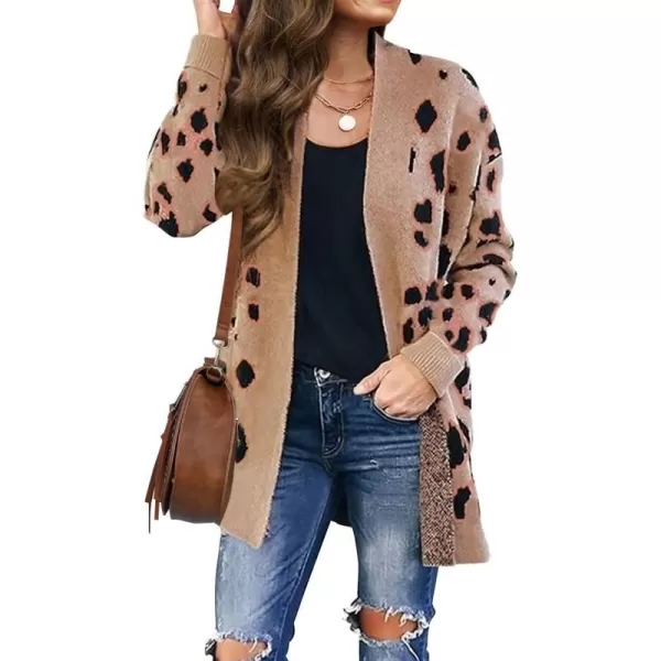 imageZESICA Womens 2024 Fall Winter Long Sleeves Open Front Leopard Print Knitted Sweater Cardigan Coat OutwearA Khaki