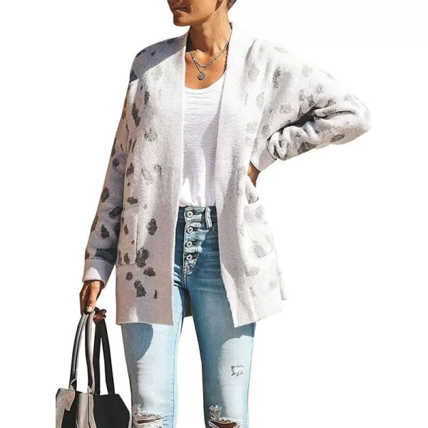 imageZESICA Womens 2024 Fall Winter Long Sleeves Open Front Leopard Print Knitted Sweater Cardigan Coat OutwearA White