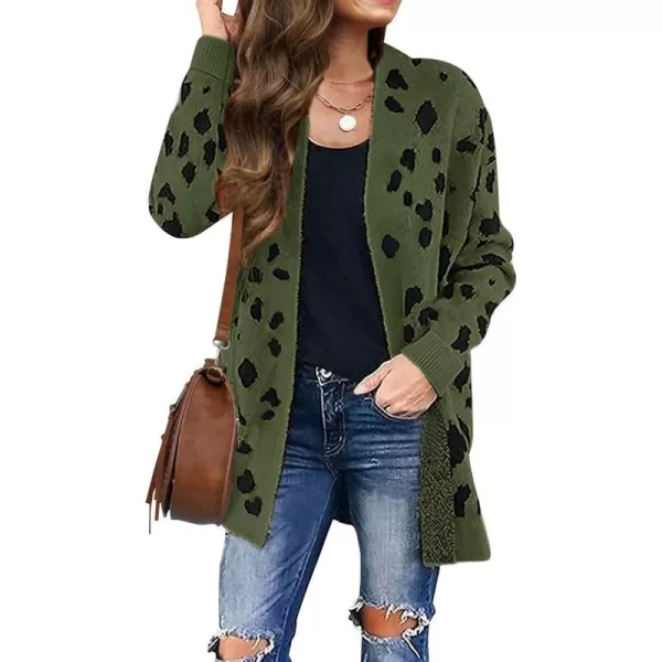 imageZESICA Womens 2024 Fall Winter Long Sleeves Open Front Leopard Print Knitted Sweater Cardigan Coat OutwearArmy Green