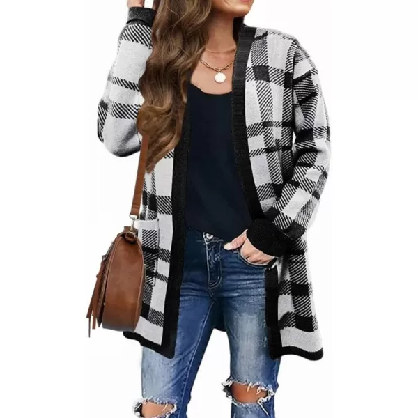 imageZESICA Womens 2024 Fall Winter Long Sleeves Open Front Leopard Print Knitted Sweater Cardigan Coat OutwearBlack Plaid