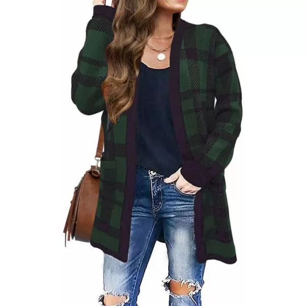 imageZESICA Womens 2024 Fall Winter Long Sleeves Open Front Leopard Print Knitted Sweater Cardigan Coat OutwearGreenplaid