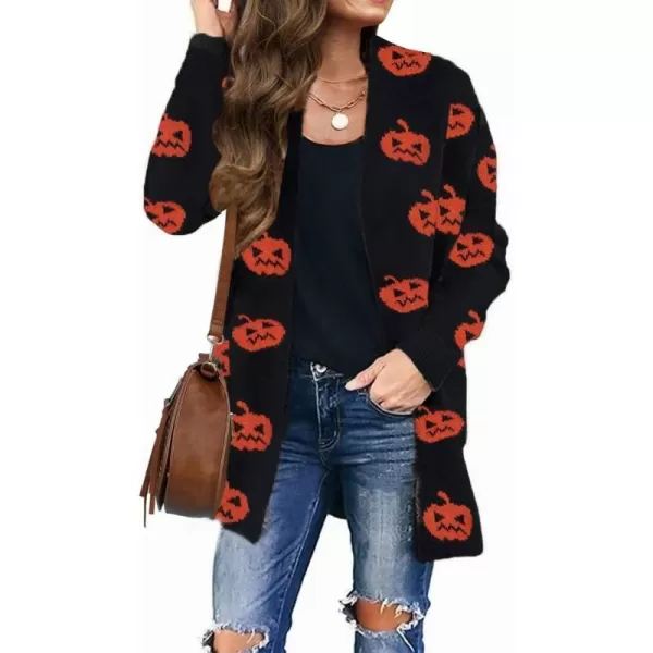imageZESICA Womens 2024 Fall Winter Long Sleeves Open Front Leopard Print Knitted Sweater Cardigan Coat OutwearPumpkin