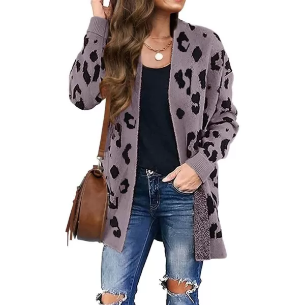 imageZESICA Womens 2024 Fall Winter Long Sleeves Open Front Leopard Print Knitted Sweater Cardigan Coat OutwearPurple