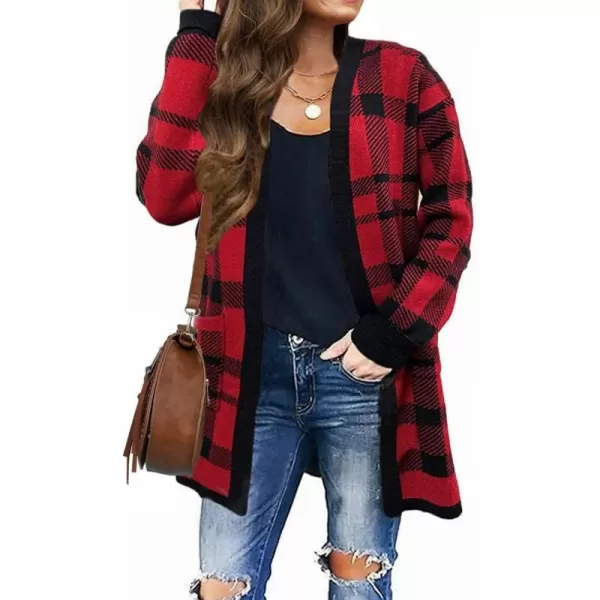 imageZESICA Womens 2024 Fall Winter Long Sleeves Open Front Leopard Print Knitted Sweater Cardigan Coat OutwearRed Plaid