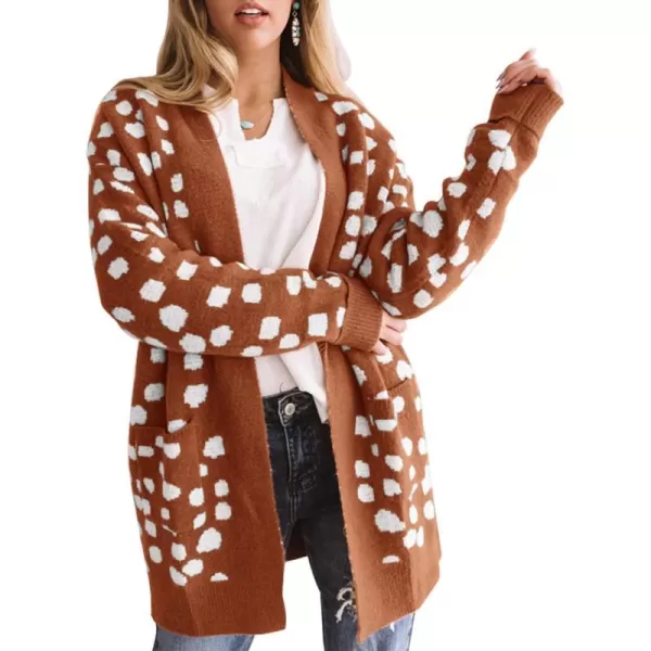 imageZESICA Womens 2024 Fall Winter Long Sleeves Open Front Leopard Print Knitted Sweater Cardigan Coat OutwearRedbrown