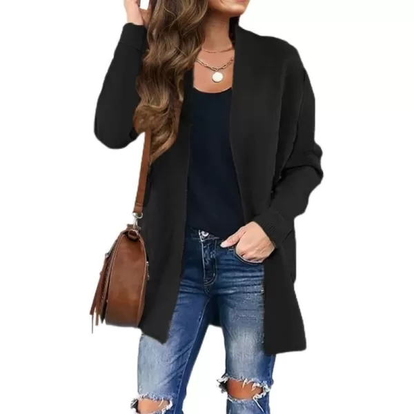 imageZESICA Womens 2024 Fall Winter Long Sleeves Open Front Leopard Print Knitted Sweater Cardigan Coat OutwearSolid Black