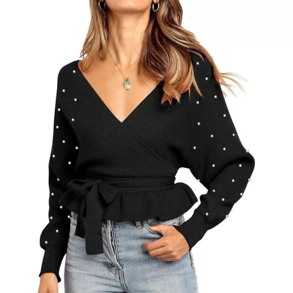 imageZESICA Womens 2024 Fall Wrap V Neck Long Batwing Sleeve Belted Waist Ruffle Knitted Sweater Pullover TopBlackwhite