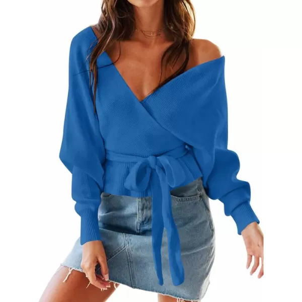 imageZESICA Womens 2024 Fall Wrap V Neck Long Batwing Sleeve Belted Waist Ruffle Knitted Sweater Pullover TopBrightblue