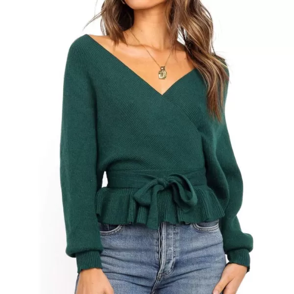 imageZESICA Womens 2024 Fall Wrap V Neck Long Batwing Sleeve Belted Waist Ruffle Knitted Sweater Pullover TopGreen