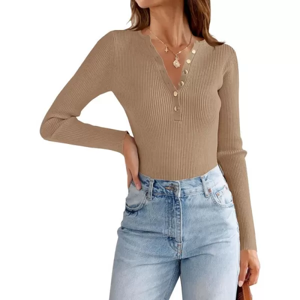 imageZESICA Womens 2024 Long Sleeve Button Down V Neck Slim Fitted T Shirts Fall Casual Ribbed Knit Basic Tee TopsKhaki