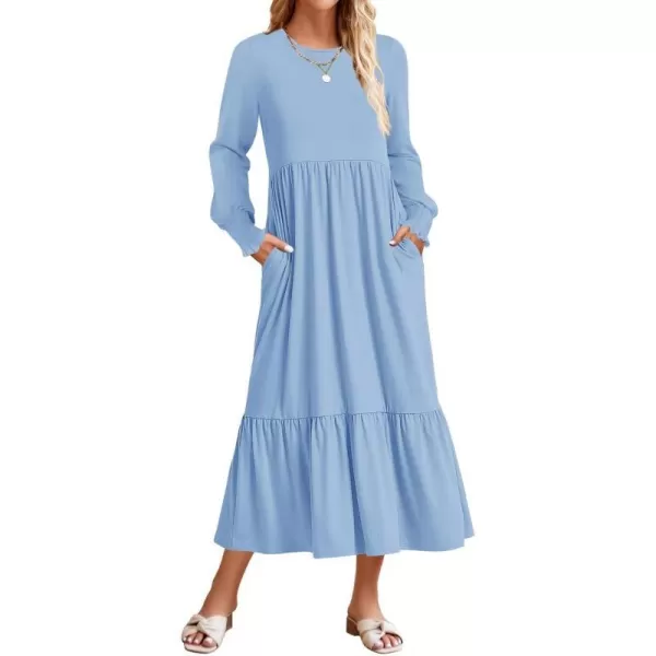 imageZESICA Womens 2024 Long Sleeve Dress Crewneck Casual Loose Pleated Tiered Swing Maxi Dresses with PocketsSky