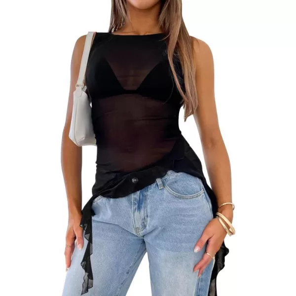 imageZESICA Womens 2024 Mesh Sheer Long Tank Tops Sexy See Through Asymmetrical Ruffle Layering Sleeveless ShirtsBlack