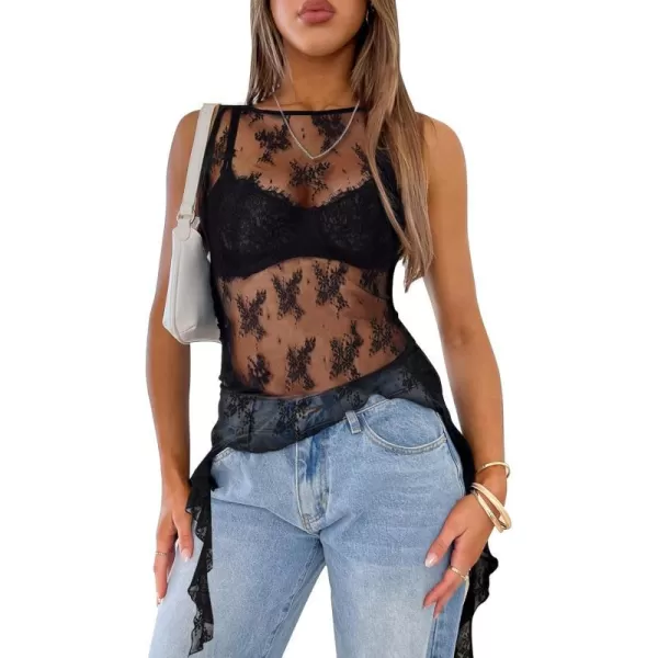 imageZESICA Womens 2024 Mesh Sheer Long Tank Tops Sexy See Through Asymmetrical Ruffle Layering Sleeveless ShirtsCarbon
