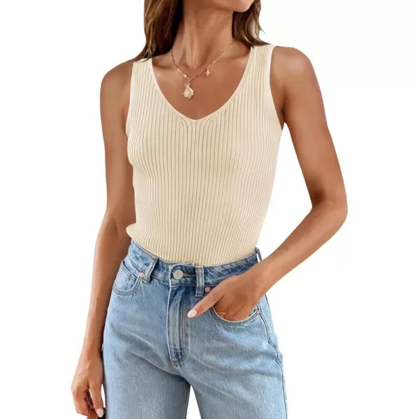 imageZESICA Womens 2024 Ribbed Tank Tops Summer Sleeveless V Neck Shirts Casual Sexy Slim Fitted Basic Knit TeesBeige