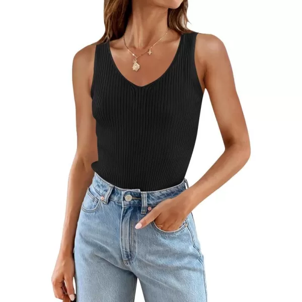 imageZESICA Womens 2024 Ribbed Tank Tops Summer Sleeveless V Neck Shirts Casual Sexy Slim Fitted Basic Knit TeesBlack