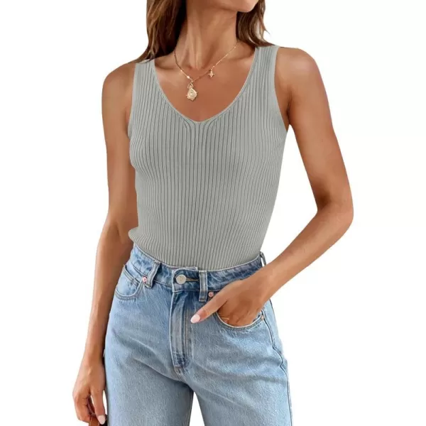 imageZESICA Womens 2024 Ribbed Tank Tops Summer Sleeveless V Neck Shirts Casual Sexy Slim Fitted Basic Knit TeesGrey